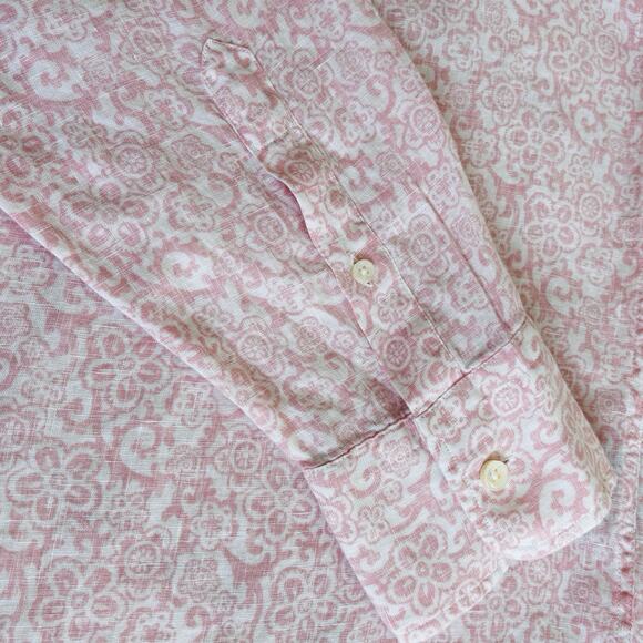 Vilebrequin Sz XXL Pink White Button Up 100% Linen Flax Long Sleeve Shirt Pocket - Picture 12 of 13